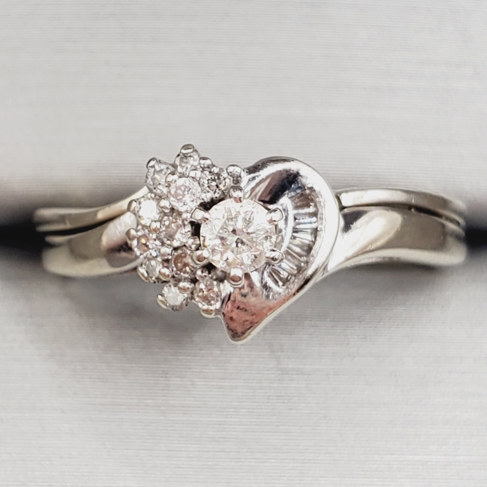10k Solid White Gold Genuine Round & Baguette Diamond Heart Wedding Ring Set